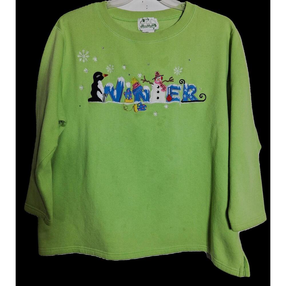 Vintage Quacker Factory Women's Lime Green "Winter" Embroidered Sweatshirt, 1X